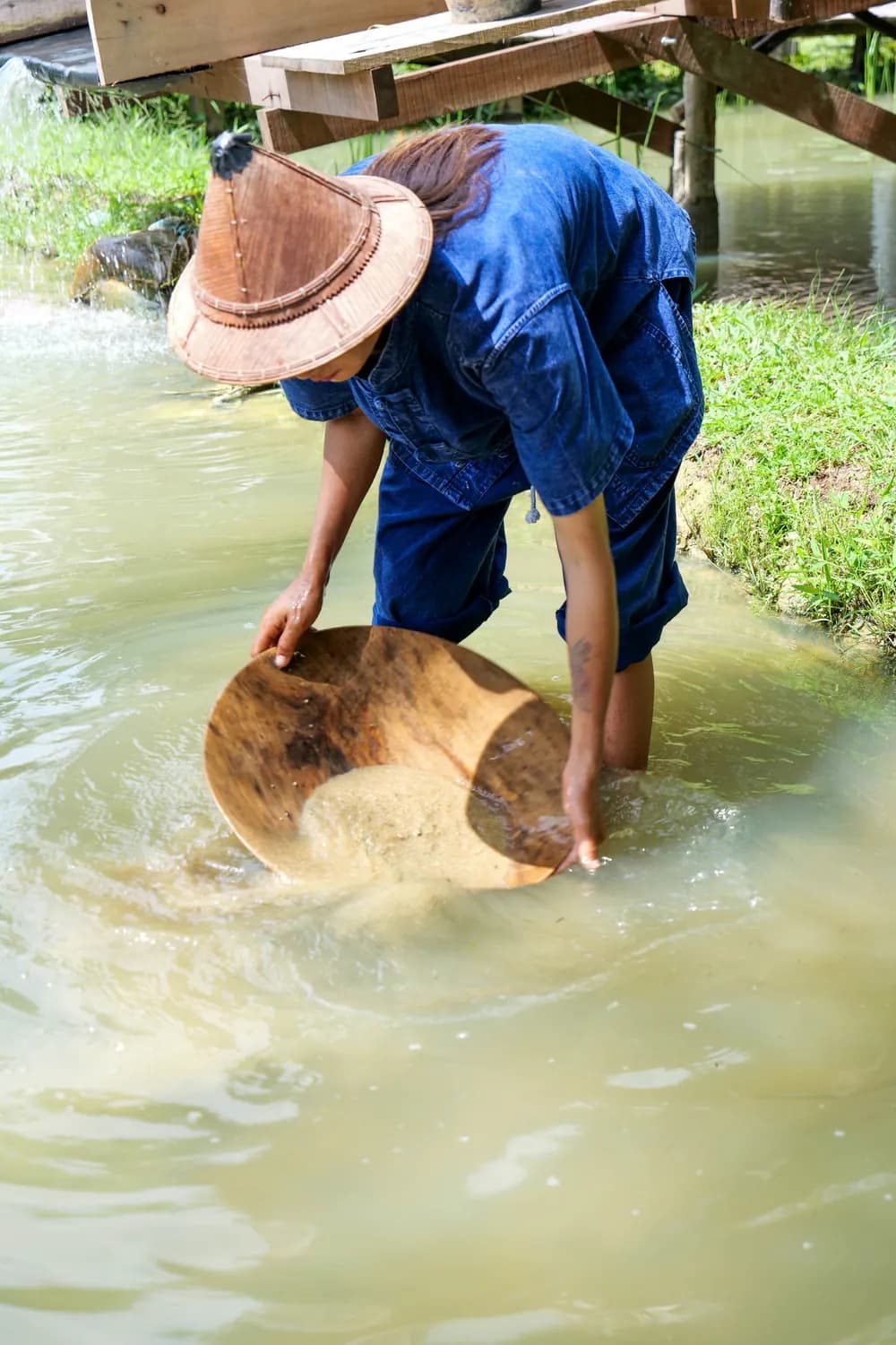 A farm guide washing sediment in a wooden tin panning bowl A farm guide washing sediment in a wooden tin panning bowl